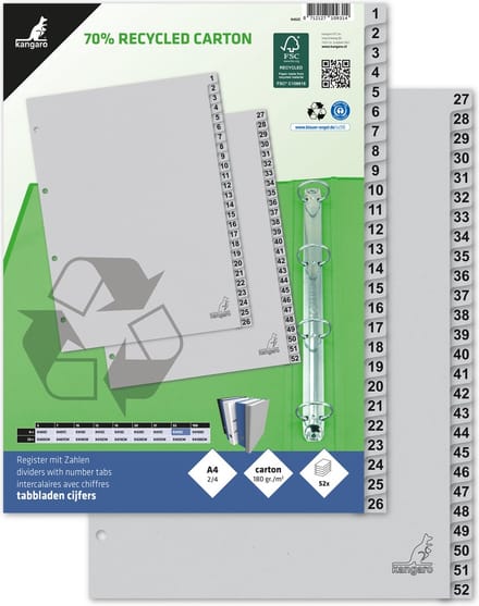 Kangaro tabbladen - A4 - cijfers 52-delig - ECO karton 180 grams - 4-gaats