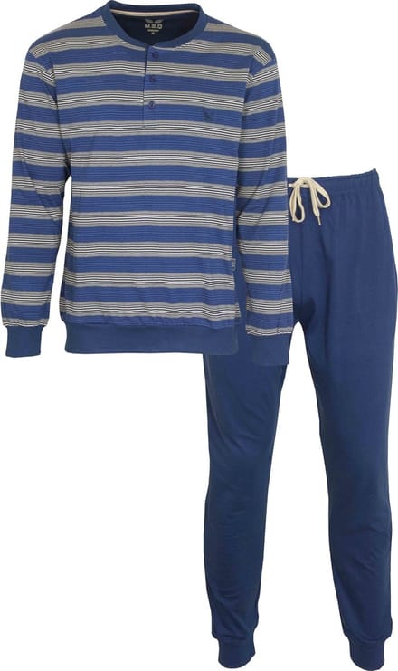 MEQ Heren Pyjama - Polo Sluiting - Beige Strepen - Blauw - Maat S