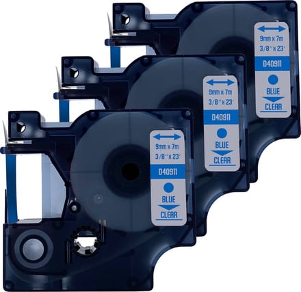 DULA Dymo D1 40911 Compatible label tape - 3 lettertapes - Blauw op transparant - 9mm x 7m
