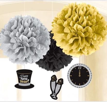 "3 Happy New Year pomponnen - Feestdecoratievoorwerp - One size"