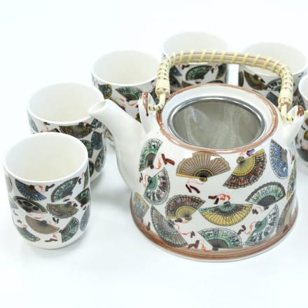 Kruidenthee Servies - Waaiers - Theepot met Metalen Zeef + 6 Kopjes