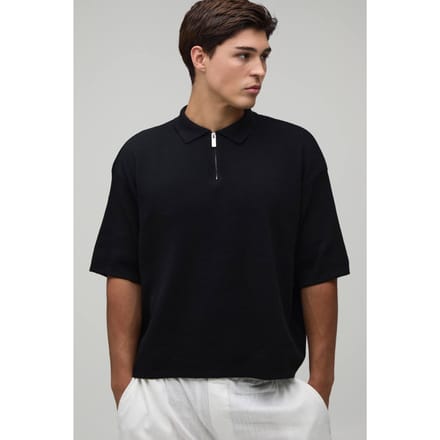 Oversized Boxy 1/4 Zip Cotton Blend Knitted Polo T-Shirt | Black | Size Large