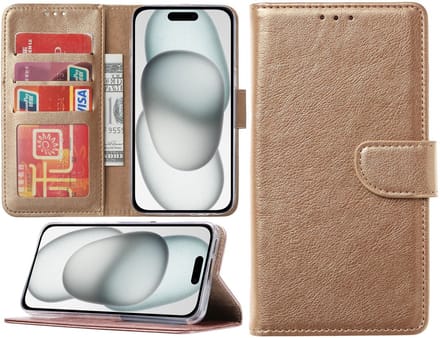 Hoesje geschikt voor iPhone 15 - Bookcase - Pasjeshouder - Kunstleer - Goud