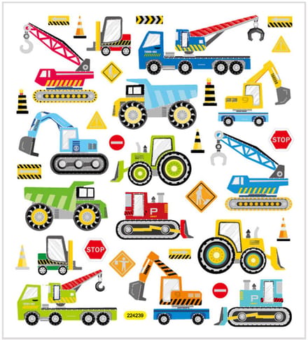Stickers, bouwplaats voertuigen, vel 15x16,5 cm, ca. 36 stuk, 1 vel