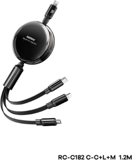 Remax RC-C182 - USB Kabel - 3in1 - USB-C/Micro/Iphone Output - 1.2m - 100W - Zwart