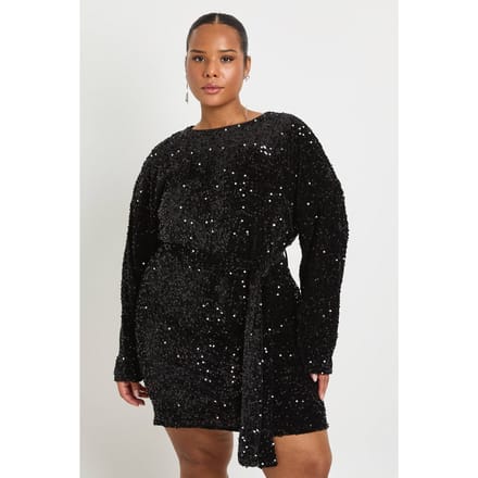 boohoo Dames Plus fluweel pailletten minijurk met strikceintuur | Black | Maat: 22