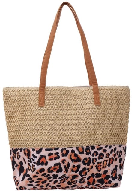 She life style - Strandtas - Beach Bag Woven Leopard - 47x36x13cm - Beige