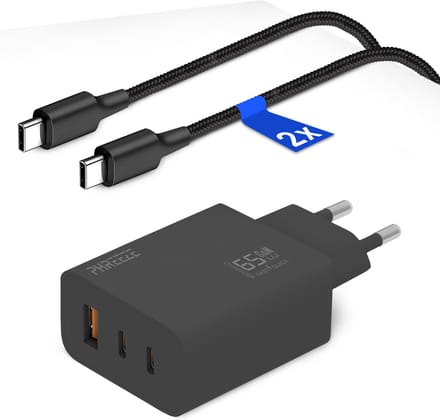 65w usb C Lader met 3 Poorten (2x usb-C, 1x usb-A) - Inclusief 2x usb C Kabels 1 Meter - Supersnelle Adapter