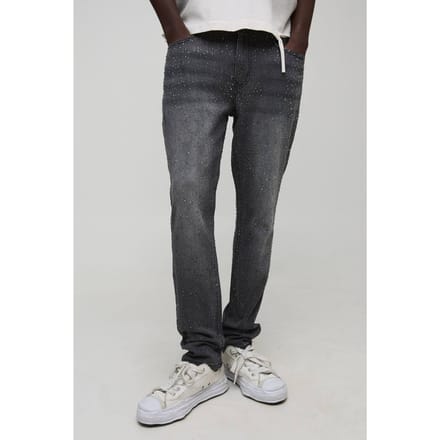 Slim fit, uitlopende denim jeans met heldere strass-steentjes | Washed Black | Size 32R