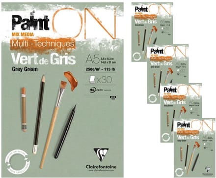 Clairefontaine - Paint ON - Multi-Techniek Pad - Tekenpapier - Schilderpapier - Grijs Groen - A5 - 250 g - 30 vel - 4 pack