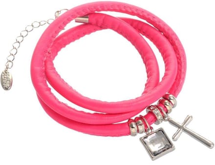 Behave - armband met fuchsia pu leer en kruisje - zomer statement