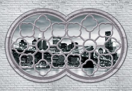 Fotobehang Brick Wall City Skyline | PANORAMIC - 250cm x 104cm | 130g/m2 Vlies