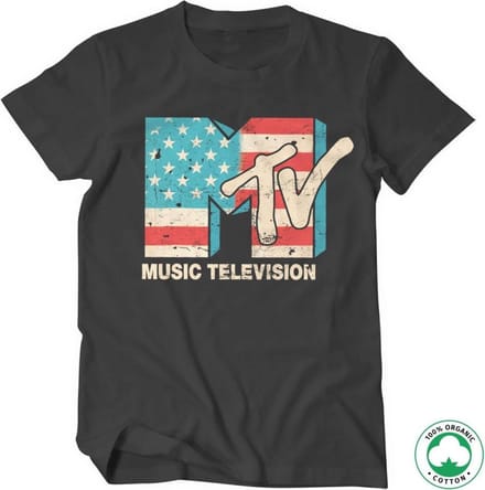 MTV Heren Tshirt -S- Distressed USA Flag Organic Zwart