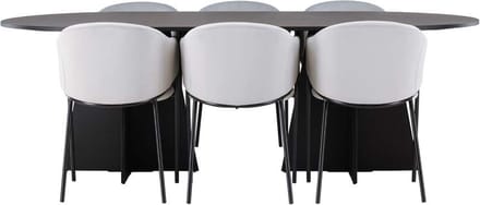 Bootcut eethoek tafel zwart en 6 Evelina stoelen grijs.