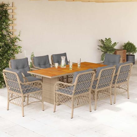 vidaXL - 9-delige - Tuinset - met - kussens - poly - rattan - gemengd - beige