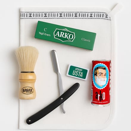 Klassiek Turks scheerpakket - (scheerstaaf, scheerkwast,  klapmes, scheermes en Arko crème)