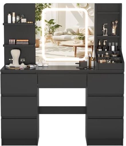 Moderne Kaptafel met LED Spiegel en Verlichting, 4 Planken en 7 Laden