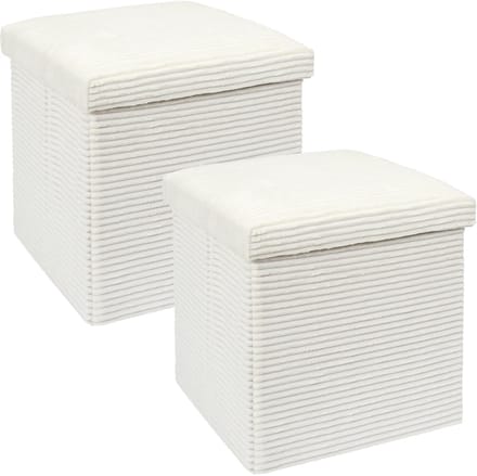 Home Deco Factory Poef/hocker opvouwbaar - 2x - rib design - opbergbox - wit - polyester/mdf - 38 x 38 cm