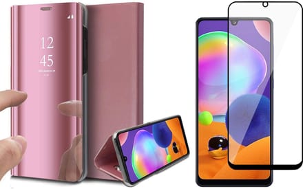 Hoesje geschikt voor Samsung Galaxy A31 - Screen Protector FullGuard - Book Case Spiegel Roségoud & Screenprotector
