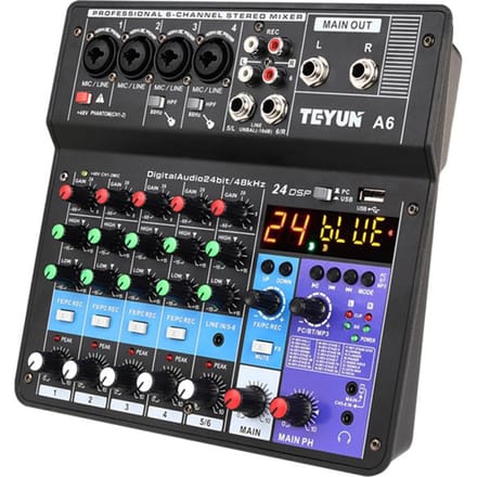 A6 6CH draagbare minimixer audioconsole met geluidskaart USB-opname Zingen Webcast Partymixer zwart