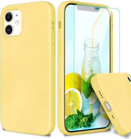 HB Hoesje en Glas Geschikt voor Apple iPhone 12 Mini - Geel - Siliconen Back Cover + 1x Glazen Screenprotector