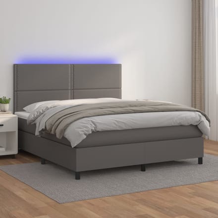 vidaXL - Boxspring - met - matras - en - LED - kunstleer - grijs - 140x190 - cm