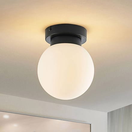 Lindby - Plafondlamp badkamer - 1licht - Staal, glas - H: 18 cm - E14 - zwart mat