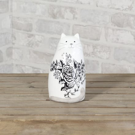 Keramiek Kat Met Opdruk - Zwart/Wit - 10 x 9 x 17.5cm
