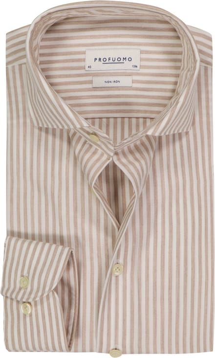 Profuomo slim fit heren overhemd - popeline - beige met wit gestreept - Strijkvriendelijk - Boordmaat: 42