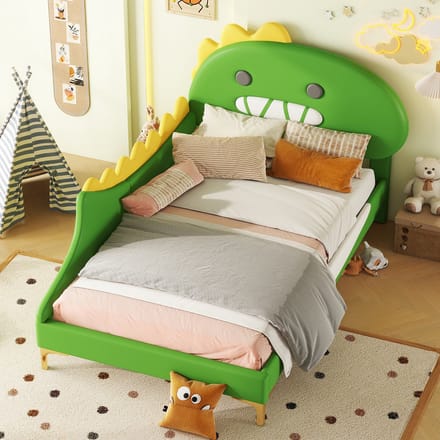90 x 200 cm kinderbed - cartoon dinosaurusvorm - flatbed - PU-materiaal - groen