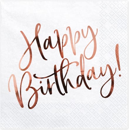 PartyDeco - Servetten - Happy birthday wit - rose gold (20 stuks)