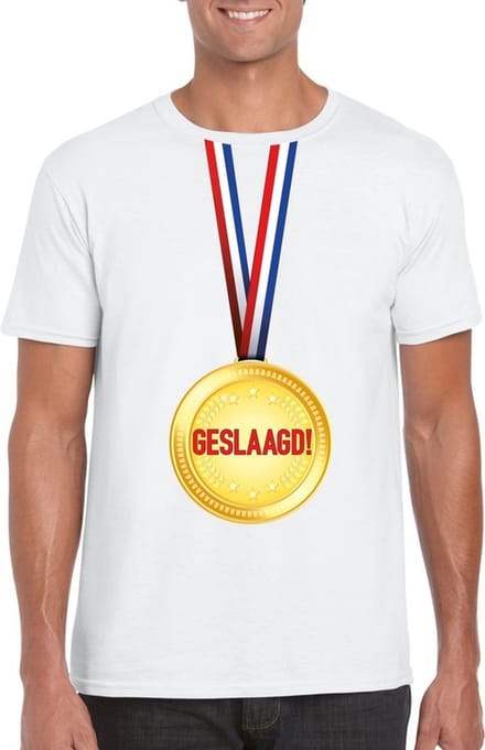 Geslaagd t-shirt wit met medaille heren XL