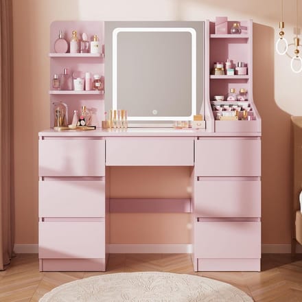 Kaptafel Roze met LED Spiegel en Veel Opbergruimte