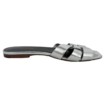 Saint Laurent Tribute Geweven Metallic Slides in Zilver Leder