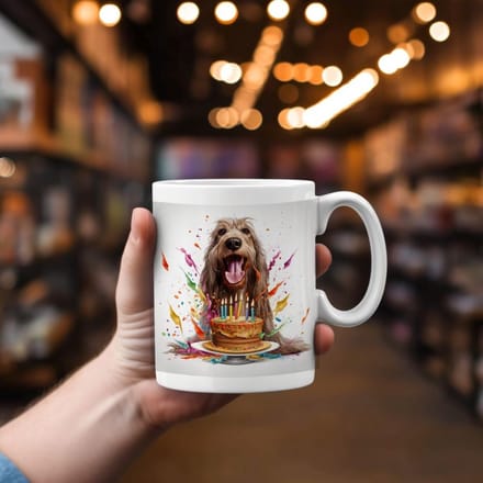 Beker met een Afghaanse windhond en een verjaardagstaart