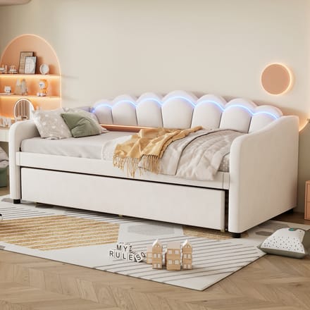 MODFU Bedframe 90x200 cm – Met uitschuifbaar rollbed en LED-hoofdbord – Gestoffeerd in beige fluweel