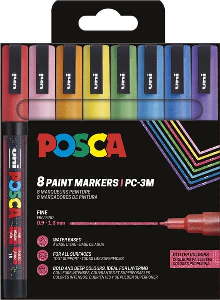 Uni POSCA paintmarker PC-3ML | 1 | 5 mm | glitter | etui van 8 stuks in geassorteerde kleuren