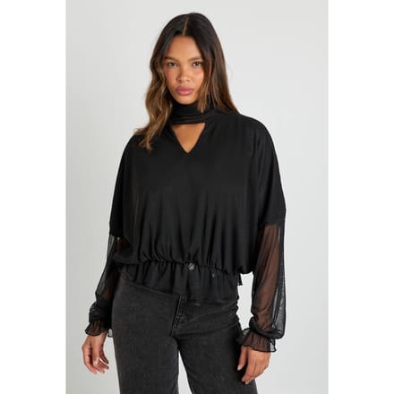 boohoo Dames V-hals mesh blouse met sjaal | Black | Maat: 10