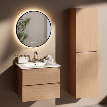 Badkamermeubel set Fayro - 60cm - Licht Eiken - Wastafel Wit