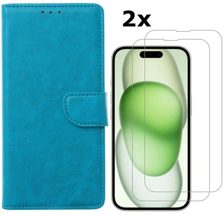 Hoesje Geschikt voor iPhone 15 hoesje bookcase met 2x screenprotector – Blauw
