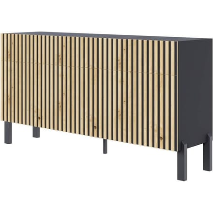 Selsey Telire – Dressoir met 3 deuren, drie lades en lamellenfront, 154 cm – Zwart / Eiken Artisan