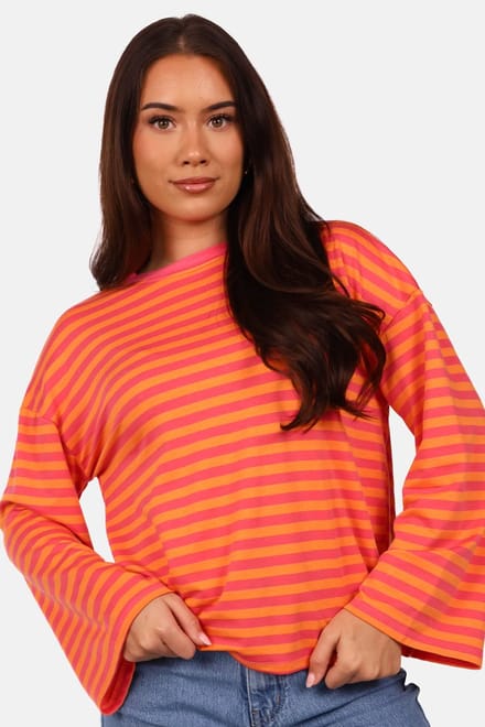 Getdrezzed Top - Maat: M - Gestreepte longsleeve in fuchsia en oranje