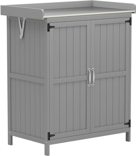 Tuinkast - Gereedschapskast met Werkblad en Dubbele Deuren - Hout/RVS - Grijs