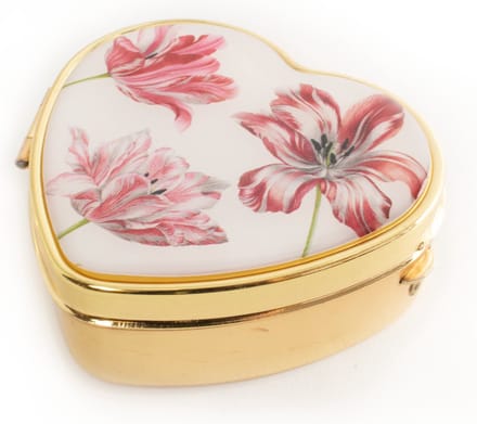 Pillendoosje, hartvormig, goudkleurig, Drie tulpen, Merian