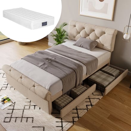 REDOM Bedframe 90x200 cm – Linnen naturel – Met 2 lades, verstelbare hoofdsteun & 7-zone matras – Compleet