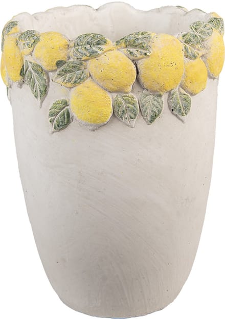 Clayre & Eef Bloempot Ø 17x23 cm Wit Geel Steen Citroenen