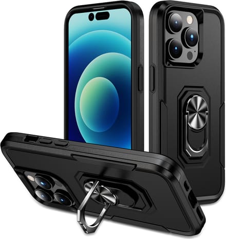 Lunso - Geschikt voor iPhone 15 Pro Max - Armor backcover hoes met ringhouder - Zwart