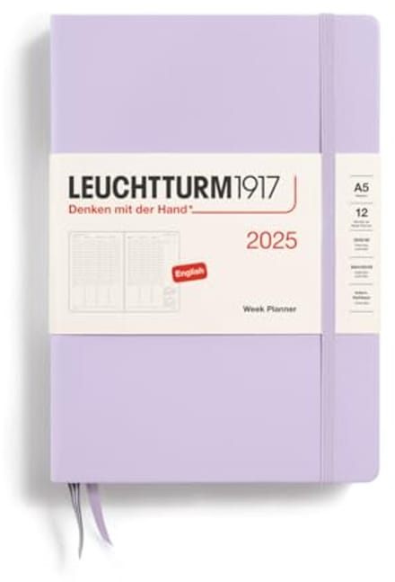 Weekplanner 2025, medium A5 hardcover - 12-maands-kalender, gelinieerd, lila, Engels