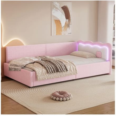 Lit de jour - MUVOE - 90x200 cm - Rose - Sommier à lattes - Éclairage LED rose