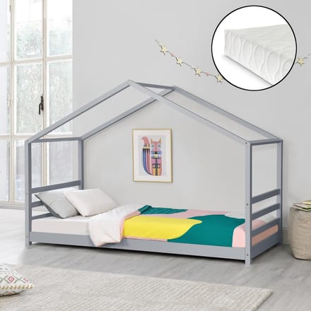 Kinderbed met bedbodem en matras huisbed 90x200 cm grijs